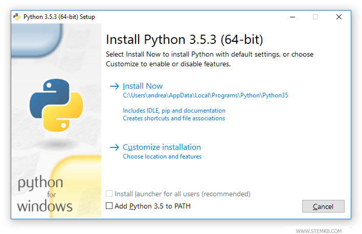 Der Startbildschirm der Python-Installation unter Windows