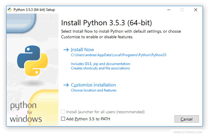 der erste Installationsbildschirm von Python auf Windows